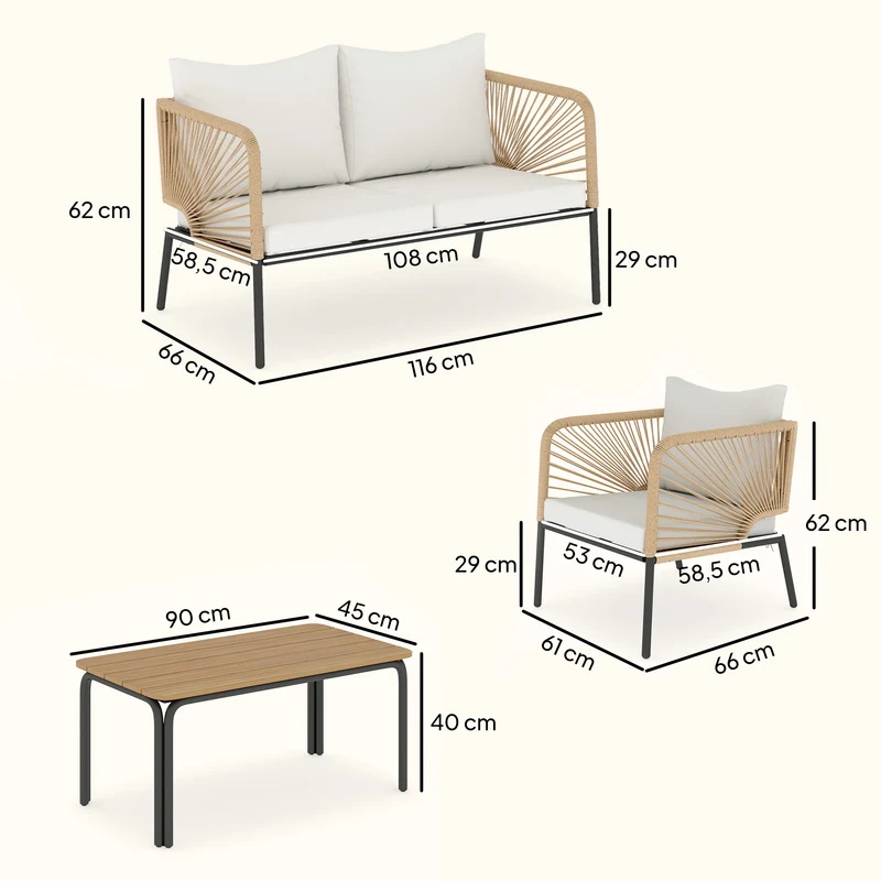 Outsunny Conjunto Jardín Exterior de 4 Piezas, Muebles Jardín Exterior con Sofá de 2 Plazas, 2 Sillones, Mesa de WPC, Ratán PE Tipo Cuerda, Cojines Acolchados y Marco de Metal para Terraza, Blanco