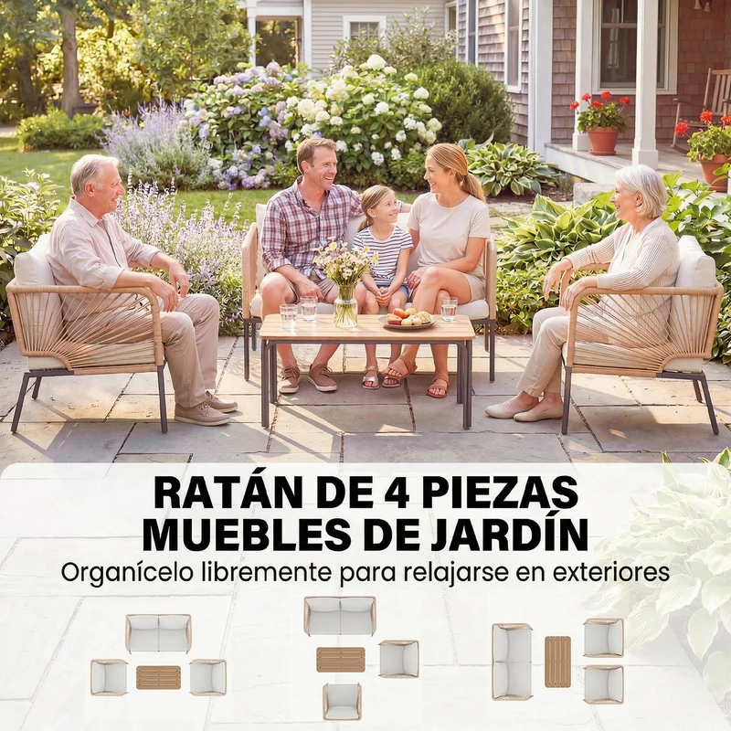 Outsunny Conjunto Jardín Exterior de 4 Piezas, Muebles Jardín Exterior con Sofá de 2 Plazas, 2 Sillones, Mesa de WPC, Ratán PE Tipo Cuerda, Cojines Acolchados y Marco de Metal para Terraza, Blanco