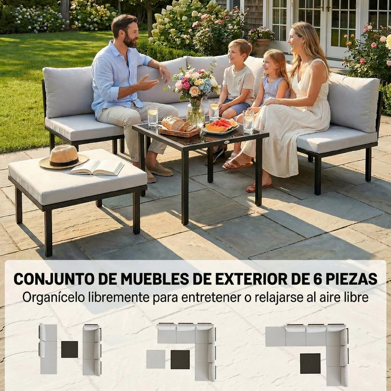 Outsunny Conjunto de Muebles Jardín Exterior de 6 Piezas Sofá Exterior Seccional Forma de L con Sofá de 2 Plazas Módulo de Esquina 2 Sillones Reposapiés Mesa con Tapa de Vidrio y Cojines Gris Claro