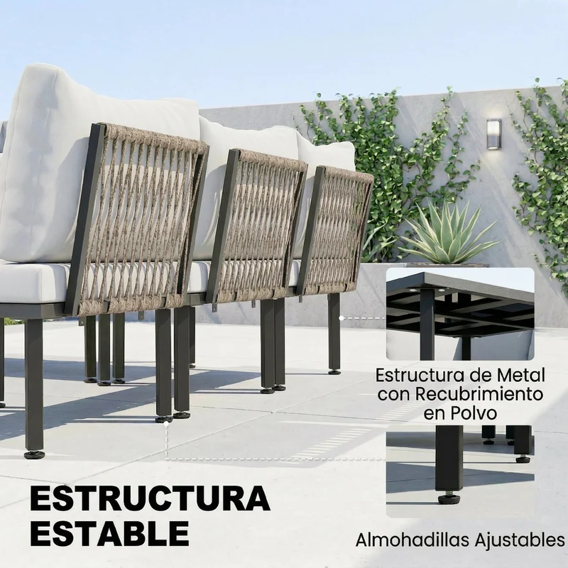 Outsunny Conjunto de Muebles Jardín Exterior de 6 Piezas Sofá Exterior Seccional Forma de L con Sofá de 2 Plazas Módulo de Esquina 2 Sillones Reposapiés Mesa con Tapa de Vidrio y Cojines Gris Claro