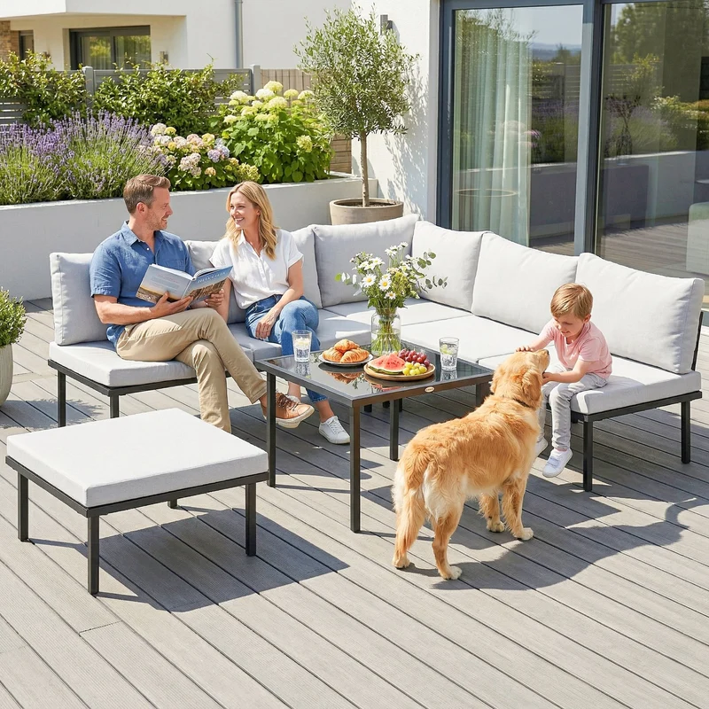 Outsunny Conjunto de Muebles Jardín Exterior de 6 Piezas Sofá Exterior Seccional Forma de L con Sofá de 2 Plazas Módulo de Esquina 2 Sillones Reposapiés Mesa con Tapa de Vidrio y Cojines Gris Claro