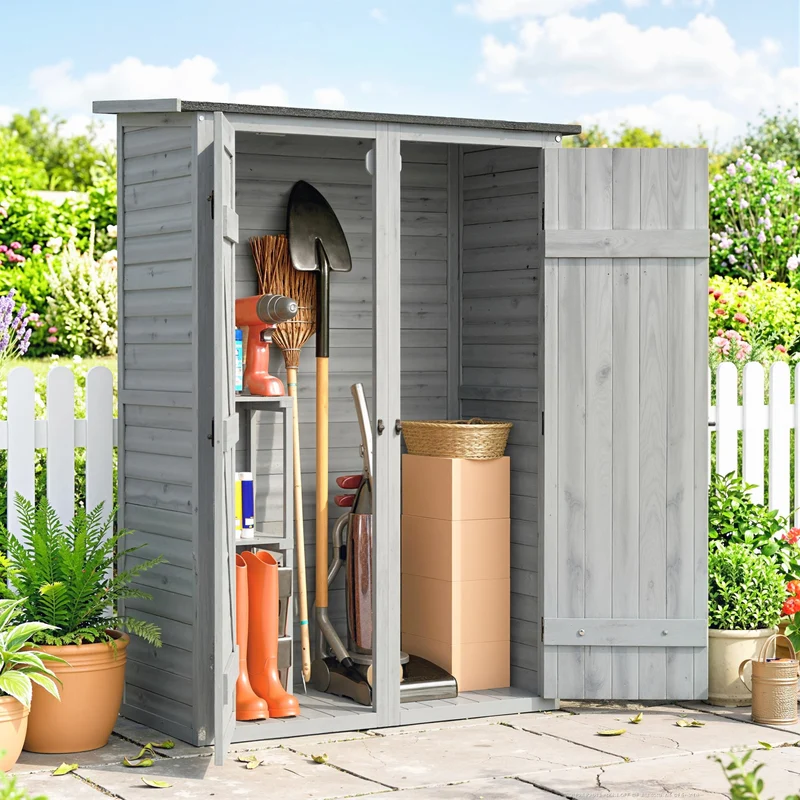 Outsunny Caseta de Jardín de Madera 115x53x156 cm Cobertizo Jardín Exterior Armario Exterior para Herramientas con Puertas Dobles con Pestillo 2 Estantes y Techo Inclinado Fijación con Estacas Gris