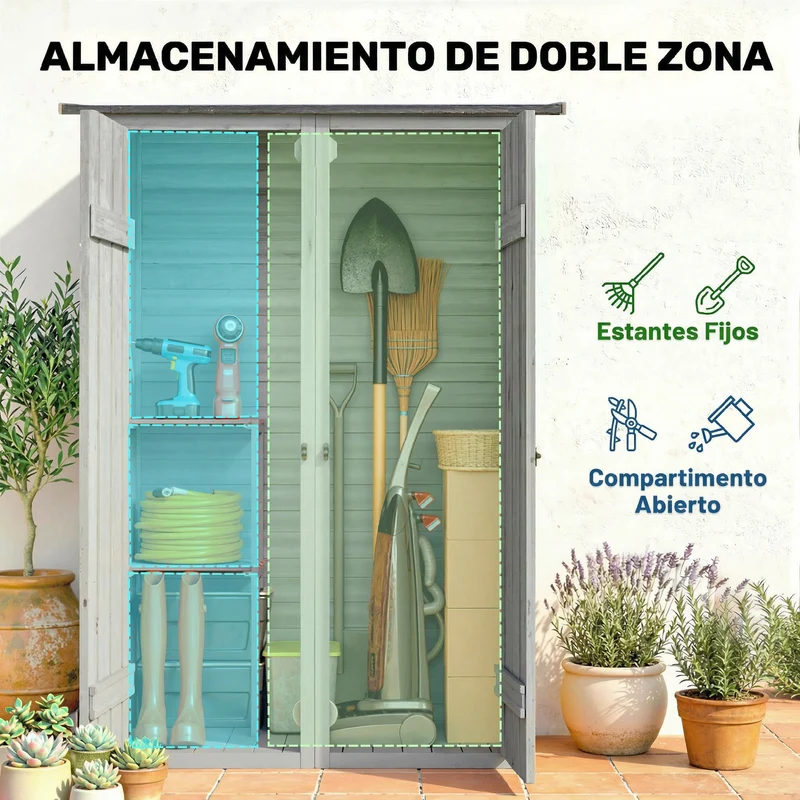 Outsunny Caseta de Jardín de Madera 115x53x156 cm Cobertizo Jardín Exterior Armario Exterior para Herramientas con Puertas Dobles con Pestillo 2 Estantes y Techo Inclinado Fijación con Estacas Gris