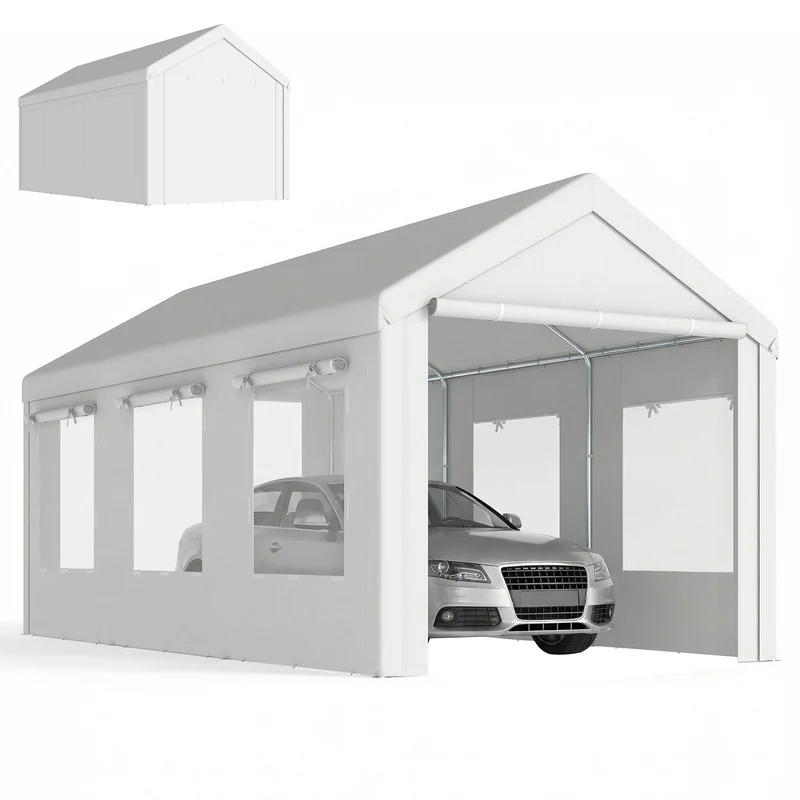 Outsunny Carpa Garaje Portátil 3x6 m Garaje Exterior para Coche Impermeable con 2 Puertas Enrollables y 6 Ventanas Malla Altura Ajustable Marco Acero Galvanizado UPF30+ Cobertizo de Almacenaje Blanco