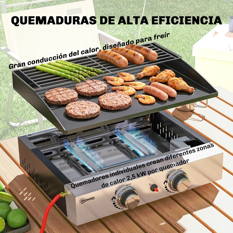 Outsunny Barbacoa de Gas BBQ Gas con 2 Quemadores 5 kW, Barbacoa Portátil con Plancha, Rejilla Calentadora y Recogedor Grasa, para Camping, Picnic, Terraza, Negro