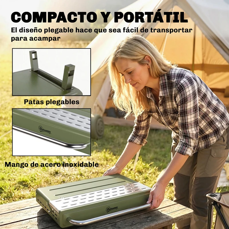 Outsunny Barbacoa de Carbón Plegable, Barbacoa Portátil, 52x37x31,8 cm, con Rejilla Ajustable, Estante Lateral Plegable y Bandeja de Carbón Extraíble, para Camping, Picnic, Fiesta en Jardín, Verde