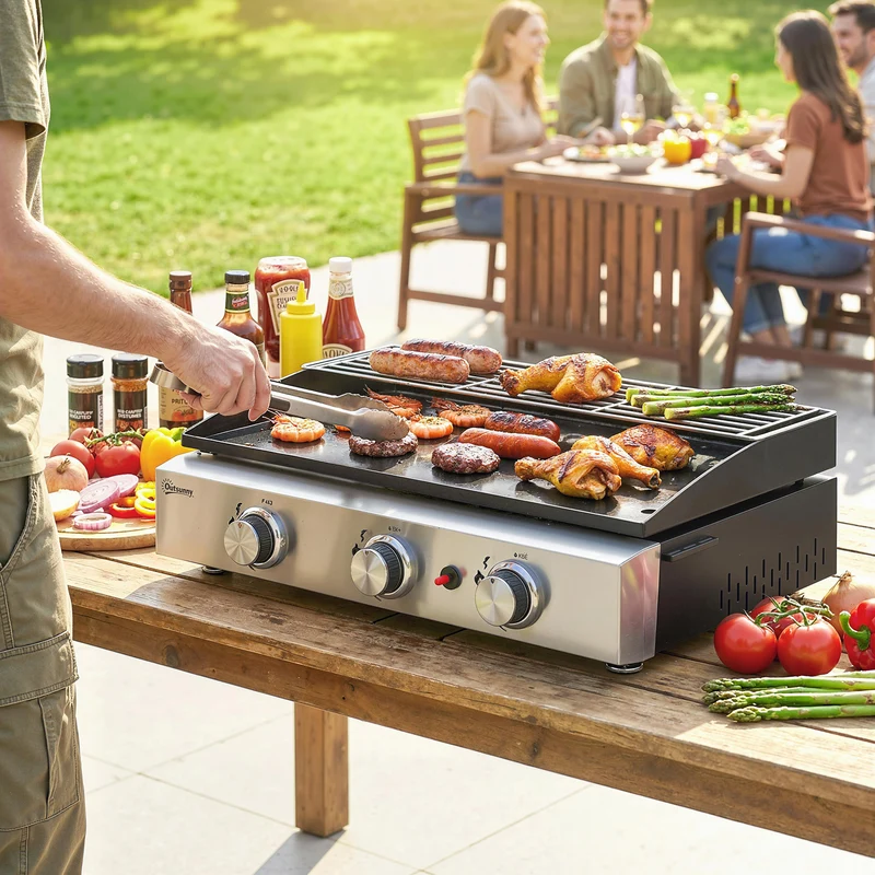 Outsunny Barbacoa de Gas BBQ Gas con 3 Quemadores 7,5 kW, Barbacoa Portátil con Plancha, Rejilla Calentadora y Recogedor Grasa, para Camping, Picnic, Terraza, Negro