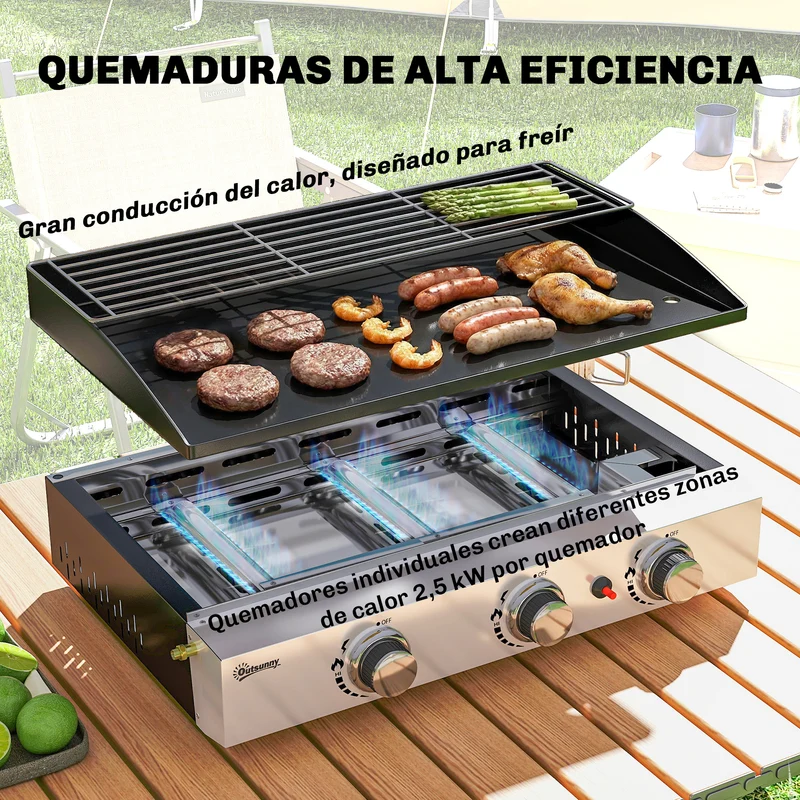 Outsunny Barbacoa de Gas BBQ Gas con 3 Quemadores 7,5 kW, Barbacoa Portátil con Plancha, Rejilla Calentadora y Recogedor Grasa, para Camping, Picnic, Terraza, Negro