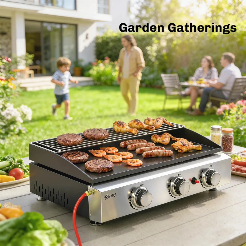 Outsunny Barbacoa de Gas BBQ Gas con 3 Quemadores 7,5 kW, Barbacoa Portátil con Plancha, Rejilla Calentadora y Recogedor Grasa, para Camping, Picnic, Terraza, Negro