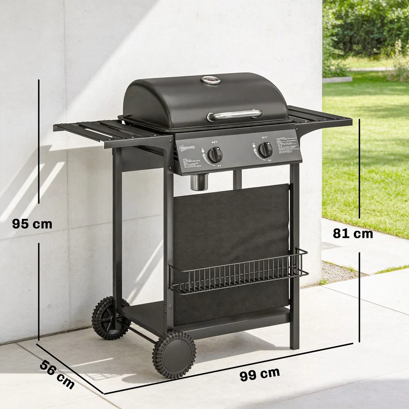 Outsunny Barbacoa de Gas BBQ Gas con 2 Quemadores 5 kW, Barbacoa Portátil con Termómetro, Mesas Laterales, Estante, Rejilla Calentadora, Encendido Piezoeléctrico, Bandeja de Grasa y 2 Ruedas, Negro