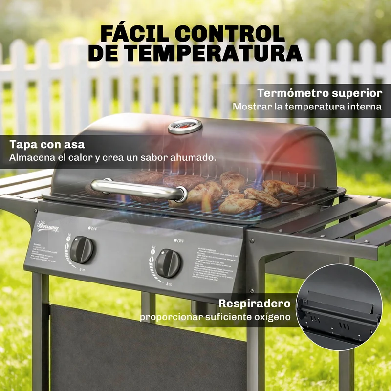 Outsunny Barbacoa de Gas BBQ Gas con 2 Quemadores 5 kW, Barbacoa Portátil con Termómetro, Mesas Laterales, Estante, Rejilla Calentadora, Encendido Piezoeléctrico, Bandeja de Grasa y 2 Ruedas, Negro