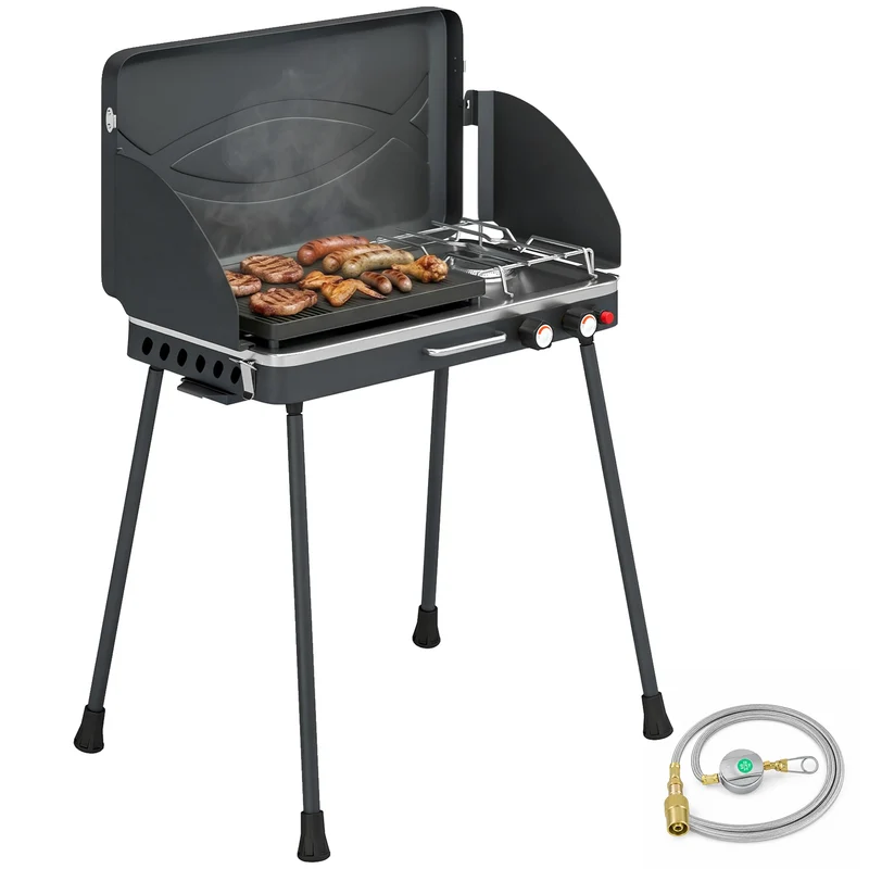 Outsunny Barbacoa de Gas Portátil 2 en 1, Barbacoa de Gas Propano 7 kW de Mesa o de Pie con Plancha Grande, Patas Desmontables, Protectores de Viento, para Picnic, Camping, Negro