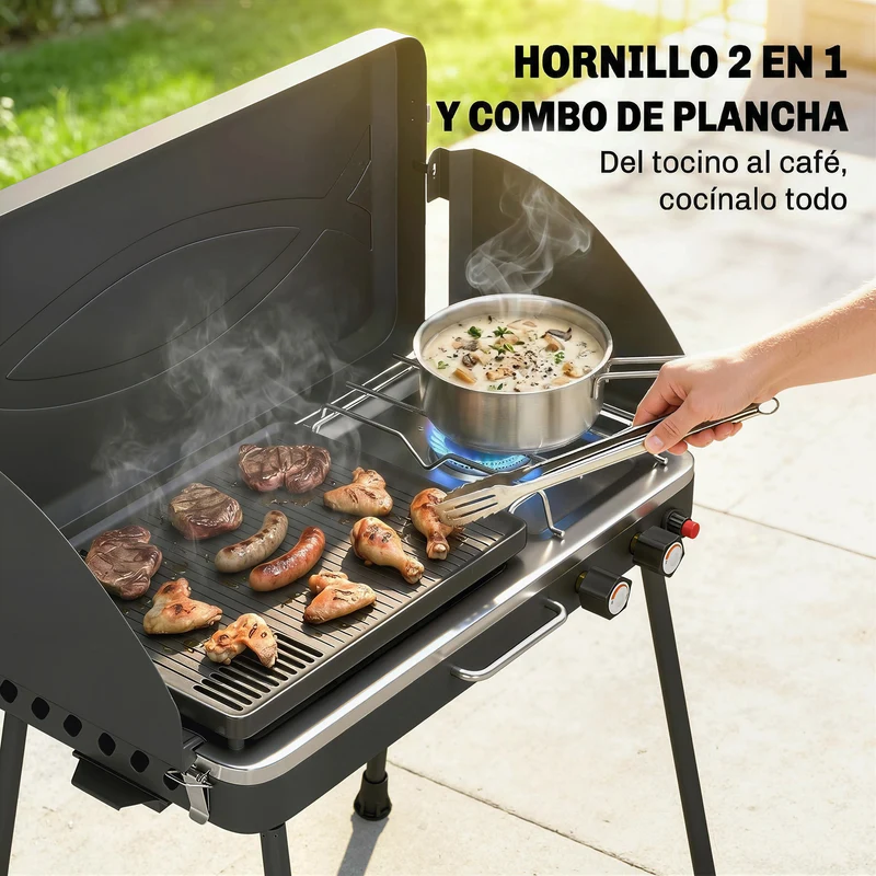 Outsunny Barbacoa de Gas Portátil 2 en 1, Barbacoa de Gas Propano 7 kW de Mesa o de Pie con Plancha Grande, Patas Desmontables, Protectores de Viento, para Picnic, Camping, Negro