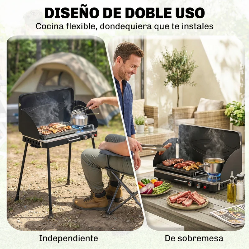 Outsunny Barbacoa de Gas Portátil 2 en 1, Barbacoa de Gas Propano 7 kW de Mesa o de Pie con Plancha Grande, Patas Desmontables, Protectores de Viento, para Picnic, Camping, Negro
