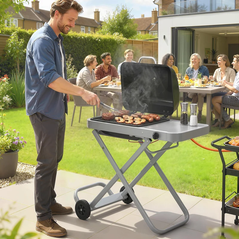 Outsunny Barbacoa de Gas Plegable, BBQ Gas con Quemador 2,5 kW, Barbacoa Portátil con Termómetro, Mesa Lateral, Parrilla de Hierro Fundido, Recogedor Grasa y 2 Ruedas para Jardín, Camping, Negro