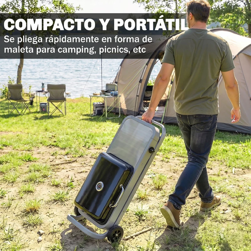 Outsunny Barbacoa de Gas Plegable, BBQ Gas con Quemador 2,5 kW, Barbacoa Portátil con Termómetro, Mesa Lateral, Parrilla de Hierro Fundido, Recogedor Grasa y 2 Ruedas para Jardín, Camping, Negro
