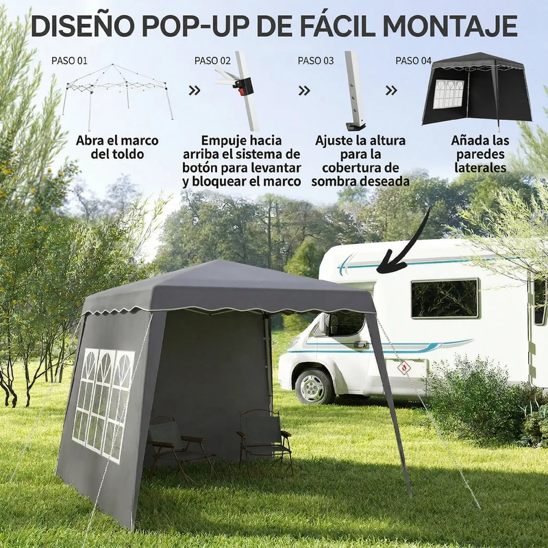 Outsunny Carpa Plegable Pop-up 3x3 m Cenador Pabellón de Jardín con 2 Paredes Laterales Altura Ajustable y Bolsa de Transporte Protección UV50+ Impermeable Gazebo para Camping Fiestas Exterior Gris