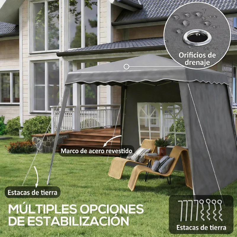 Outsunny Carpa Plegable Pop-up 3x3 m Cenador Pabellón de Jardín con 2 Paredes Laterales Altura Ajustable y Bolsa de Transporte Protección UV50+ Impermeable Gazebo para Camping Fiestas Exterior Gris