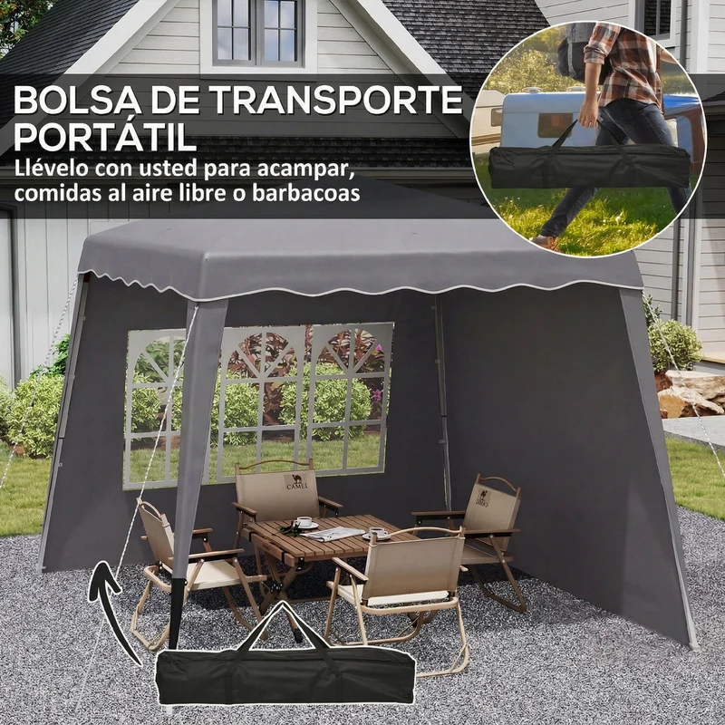 Outsunny Carpa Plegable Pop-up 3x3 m Cenador Pabellón de Jardín con 2 Paredes Laterales Altura Ajustable y Bolsa de Transporte Protección UV50+ Impermeable Gazebo para Camping Fiestas Exterior Gris