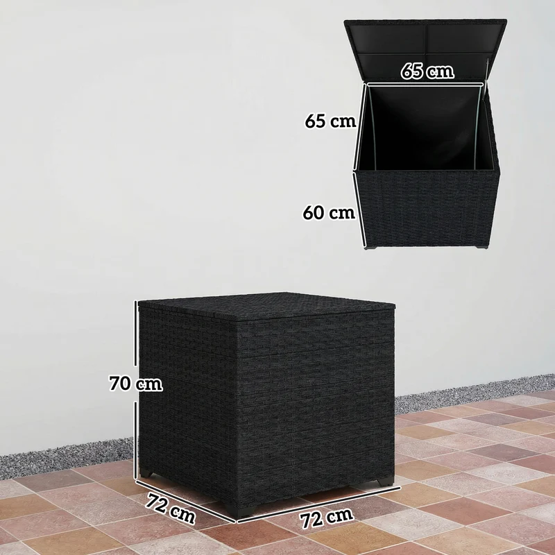 Outsunny Baúl de Almacenaje Exterior de Ratán Sintético de 253L, Arcón Exterior con Varilla Hidráulica, Forro con Cremallera y Marco de Acero, Carga 50 kg, para Jardín, Terraza, 72x72x70 cm, Negro