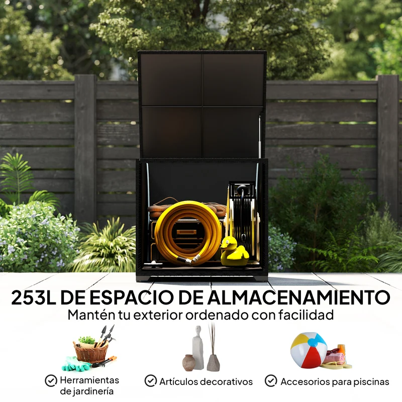 Outsunny Baúl de Almacenaje Exterior de Ratán Sintético de 253L, Arcón Exterior con Varilla Hidráulica, Forro con Cremallera y Marco de Acero, Carga 50 kg, para Jardín, Terraza, 72x72x70 cm, Negro