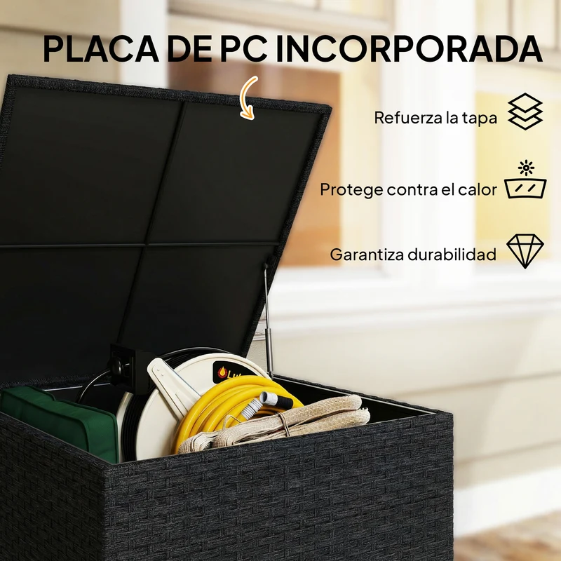 Outsunny Baúl de Almacenaje Exterior de Ratán Sintético de 253L, Arcón Exterior con Varilla Hidráulica, Forro con Cremallera y Marco de Acero, Carga 50 kg, para Jardín, Terraza, 72x72x70 cm, Negro
