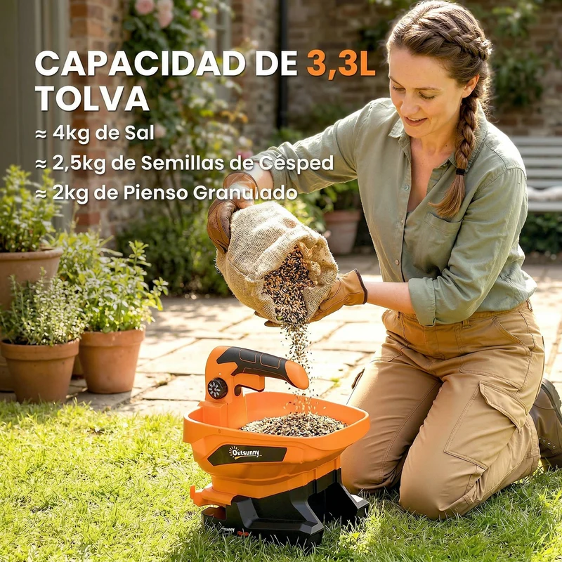 Outsunny Esparcidor Portátil 3,3 L, 8 Niveles de Flujo, Ancho de Proyección Regulable 3 Niveles, Puerto USB, Esparcidor de Semillas para Césped, Sal, Gravilla hasta 800 m², Naranja