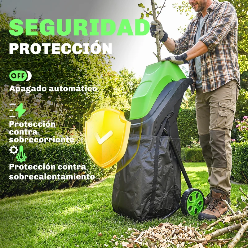 Outsunny Trituradora de Ramas Eléctrica 2500W, Trituradora de Jardín con 2 Cuchillas Reversibles hasta Ø44 mm de Ramas, Bolsa de Recolección de 45L, Ruedas y Protección de Sobrecarga, Verde