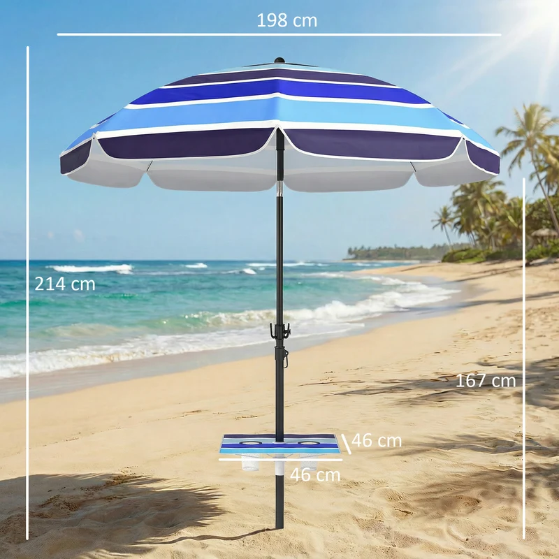 Outsunny Sombrilla de Playa con Mesa Plegable y Portavasos Ø198 cm, Sombrilla de Terraza Exterior con Altura Ajustable, Inclinación, Bolsa de Transporte y Gancho, UV30+, Multicolor