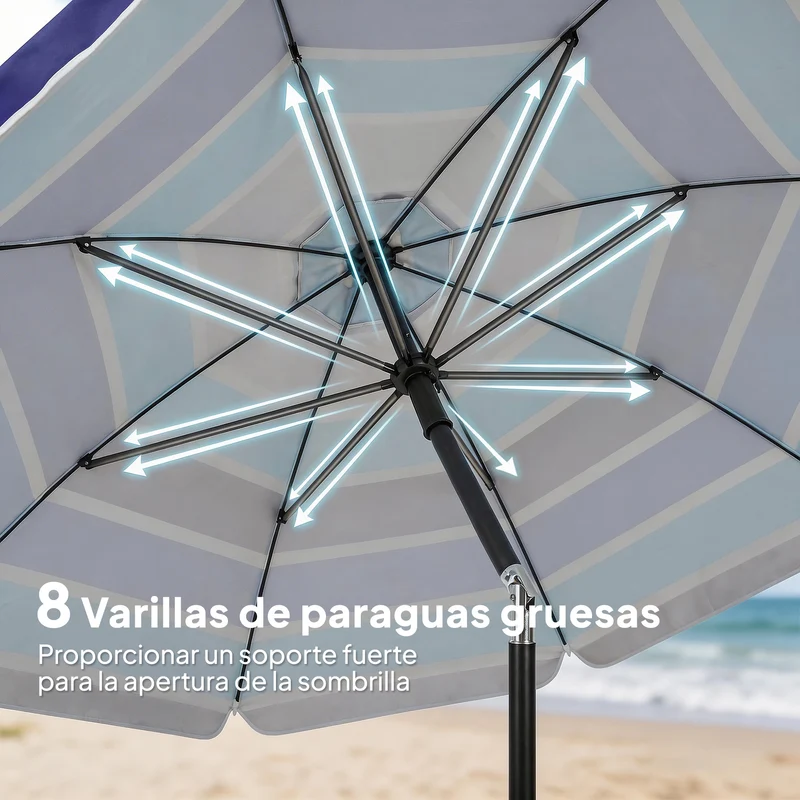 Outsunny Sombrilla de Playa con Mesa Plegable y Portavasos Ø198 cm, Sombrilla de Terraza Exterior con Altura Ajustable, Inclinación, Bolsa de Transporte y Gancho, UV30+, Multicolor
