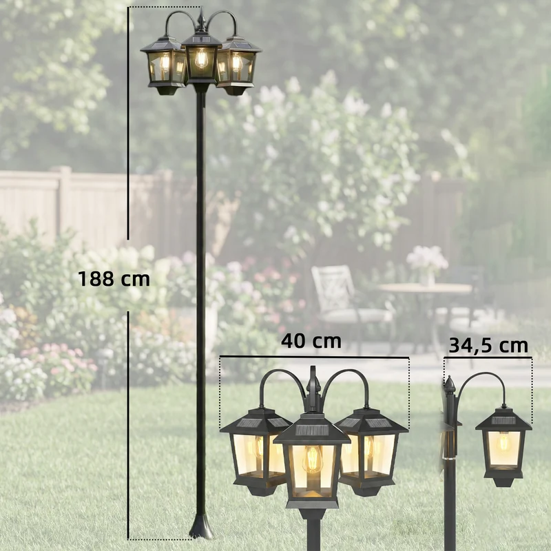 Outsunny Farola Solar Exterior de Jardín con 3 Cabezales, Luz Solar de Exterior de Aluminio con Encendido/Apagado Automático, Impermeable IP44, para Terraza, Patio, 40x34,5x188 cm, Negro