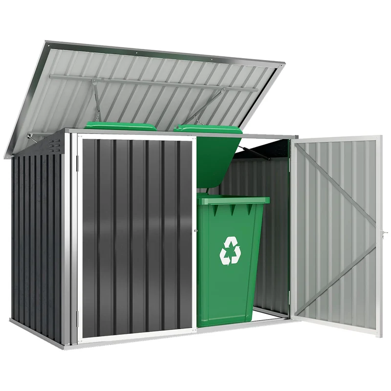 Outsunny Cobertizo para Contenedor de Basura Doble, Caseta para Cubo de Basura de Acero Galvanizado con Tapa Abatible y Puertas Doble, para Jardín, Exterior, 179,5x108x129,5 cm, Gris Oscuro