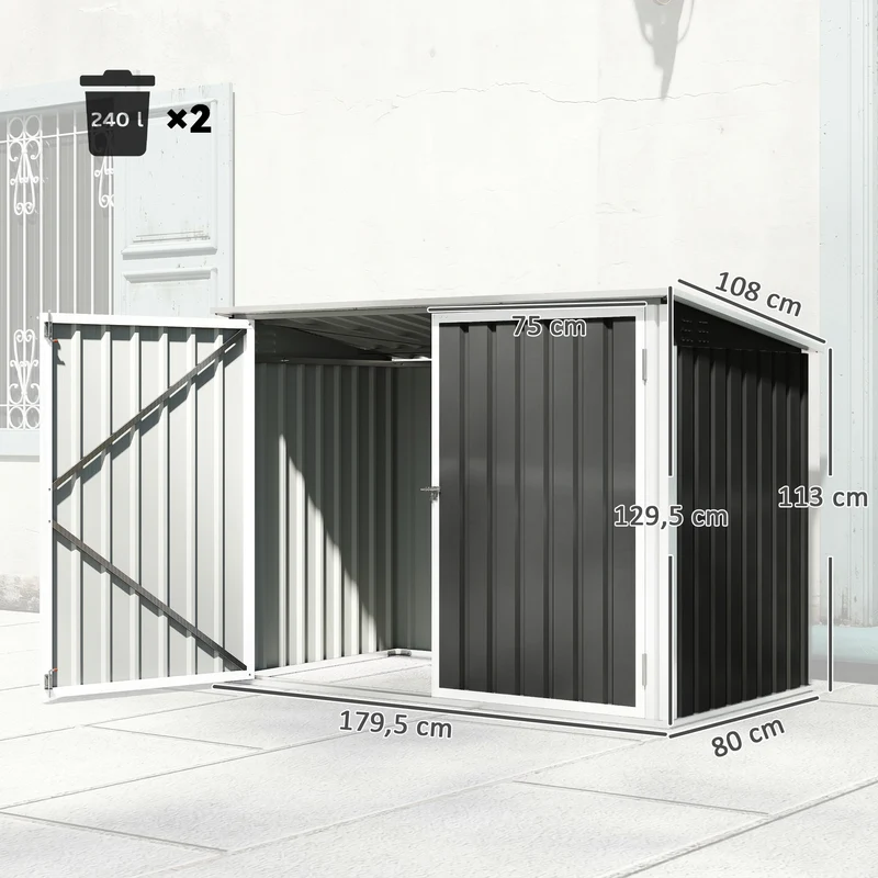 Outsunny Cobertizo para Contenedor de Basura Doble, Caseta para Cubo de Basura de Acero Galvanizado con Tapa Abatible y Puertas Doble, para Jardín, Exterior, 179,5x108x129,5 cm, Gris Oscuro
