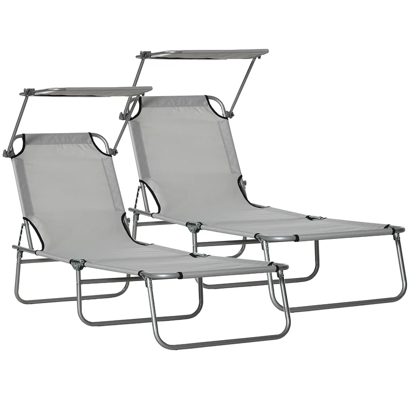 Outsunny Set de 2 Tumbonas Plegables Tumbonas de Jardín Exterior Reclinables con Toldo Desmontable con Ángulo Regulable Respaldo Ajustable en 4 Niveles para Terraza Piscina Patio 187x58x36 cm Gris