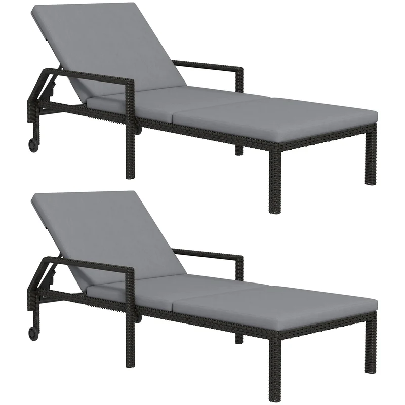Outsunny Pack de 2 Tumbonas de Ratán Sintético para Jardín con Respaldo Ajustable Cojín y Ruedas Carga 120 kg 73x200x48 cm Gris Claro y Negro