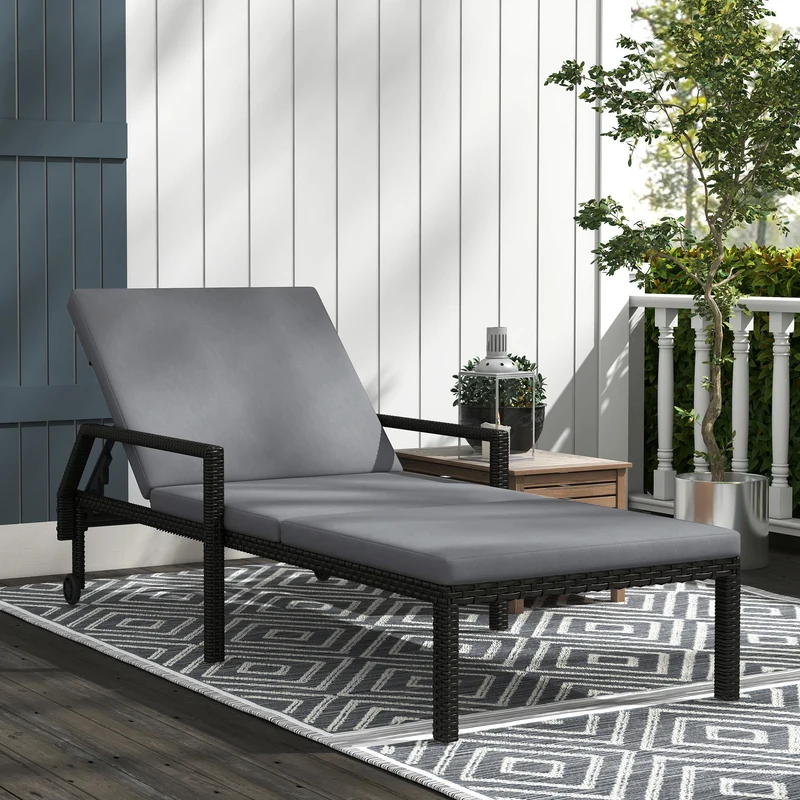 Outsunny Pack de 2 Tumbonas de Ratán Sintético para Jardín con Respaldo Ajustable Cojín y Ruedas Carga 120 kg 73x200x48 cm Gris Claro y Negro