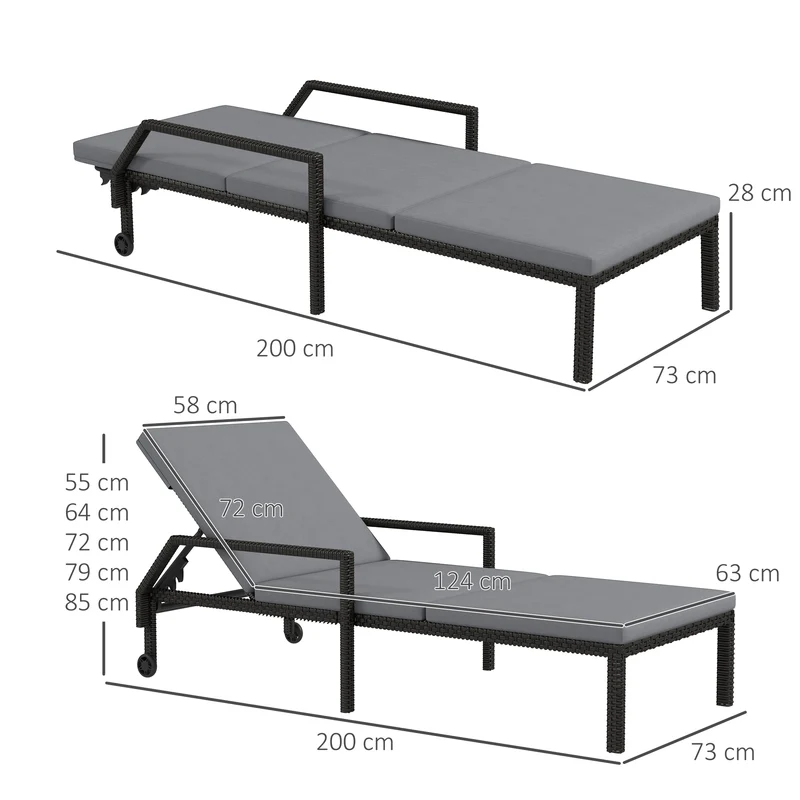 Outsunny Pack de 2 Tumbonas de Ratán Sintético para Jardín con Respaldo Ajustable Cojín y Ruedas Carga 120 kg 73x200x48 cm Gris Claro y Negro
