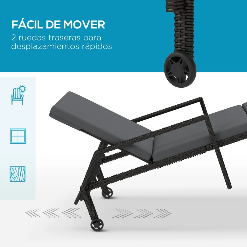 Outsunny Pack de 2 Tumbonas de Ratán Sintético para Jardín con Respaldo Ajustable Cojín y Ruedas Carga 120 kg 73x200x48 cm Gris Claro y Negro