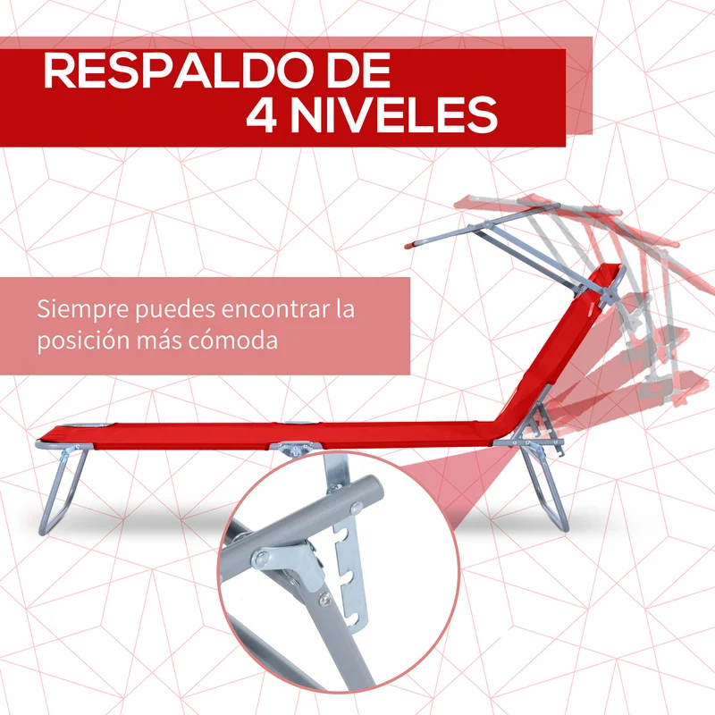 Outsunny Set de 2 Tumbonas Plegables Tumbonas de Jardín Exterior Reclinables con Toldo Desmontable con Ángulo Regulable Respaldo Ajustable en 4 Niveles para Terraza Piscina Patio 187x58x36 cm Rojo
