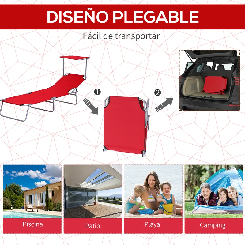 Outsunny Set de 2 Tumbonas Plegables Tumbonas de Jardín Exterior Reclinables con Toldo Desmontable con Ángulo Regulable Respaldo Ajustable en 4 Niveles para Terraza Piscina Patio 187x58x36 cm Rojo