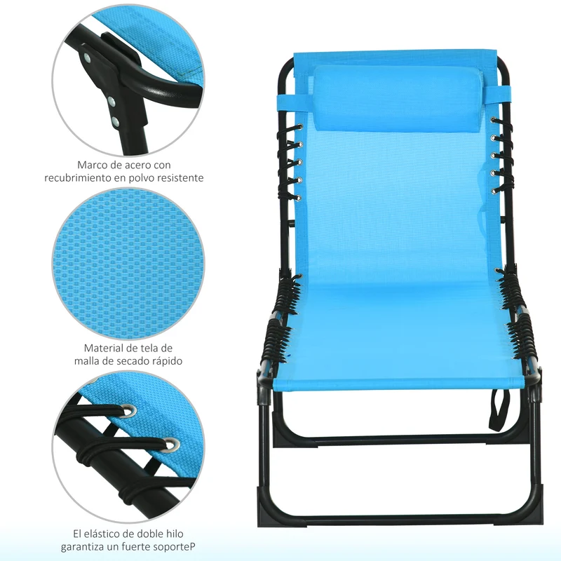 Outsunny Set de 2 Tumbonas Plegables Tumbonas Jardín Exterior con Respaldo Ajustable en 4 Posiciones Sistema de Cordones Marco Acero para Exterior 197x58x30 cm Azul Claro