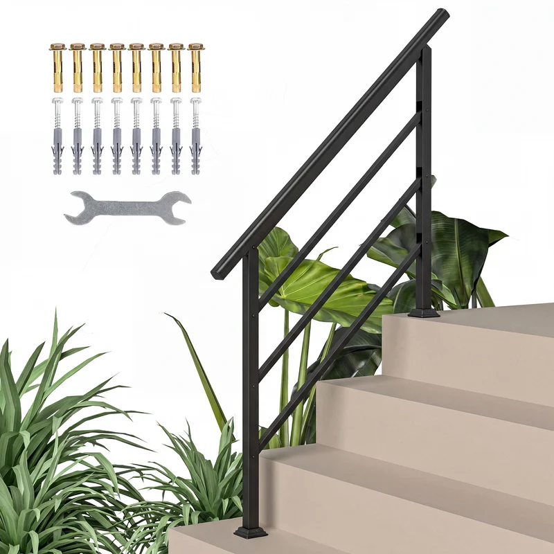 Outsunny Barandilla de Escalera, 131 cm, Pasamanos para Escalera con Kit de Instalación, Ángulo Ajustable para 1-4 Escalones, para Porches, Madera y Concreto, para Exterior, Terraza, Patio, Negro