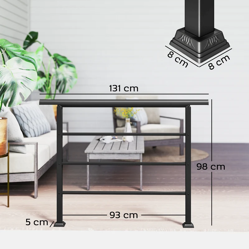 Outsunny Barandilla de Escalera, 131 cm, Pasamanos para Escalera con Kit de Instalación, Ángulo Ajustable para 1-4 Escalones, para Porches, Madera y Concreto, para Exterior, Terraza, Patio, Negro
