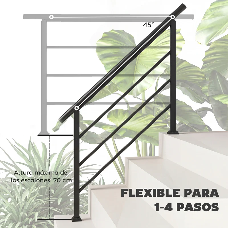Outsunny Barandilla de Escalera, 131 cm, Pasamanos para Escalera con Kit de Instalación, Ángulo Ajustable para 1-4 Escalones, para Porches, Madera y Concreto, para Exterior, Terraza, Patio, Negro