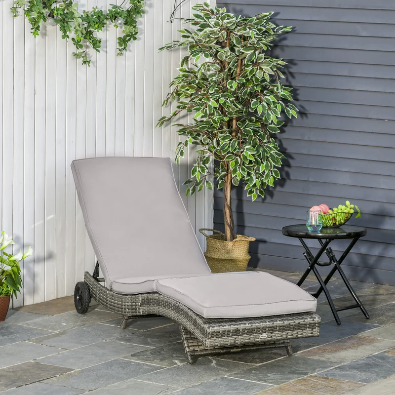 Outsunny Juego de 2 Tumbonas de Ratán Reclinable Tumbonas de Jardín en Forma de S con 2 Ruedas Respaldo Ajustable en 5 Posiciones y Cojín Extraíble para Patio Terraza 207x70x70 cm Gris Claro