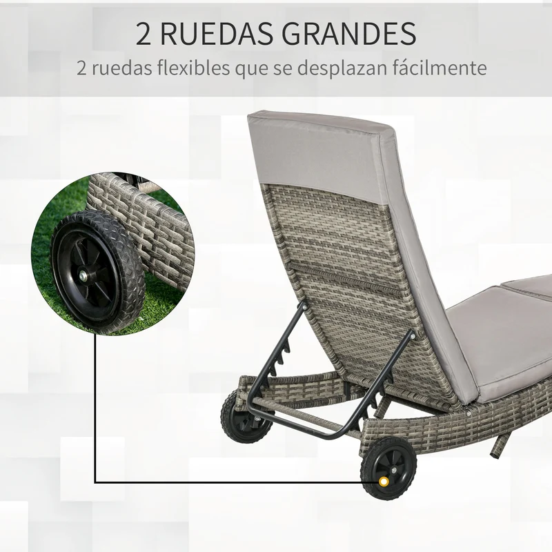 Outsunny Juego de 2 Tumbonas de Ratán Reclinable Tumbonas de Jardín en Forma de S con 2 Ruedas Respaldo Ajustable en 5 Posiciones y Cojín Extraíble para Patio Terraza 207x70x70 cm Gris Claro