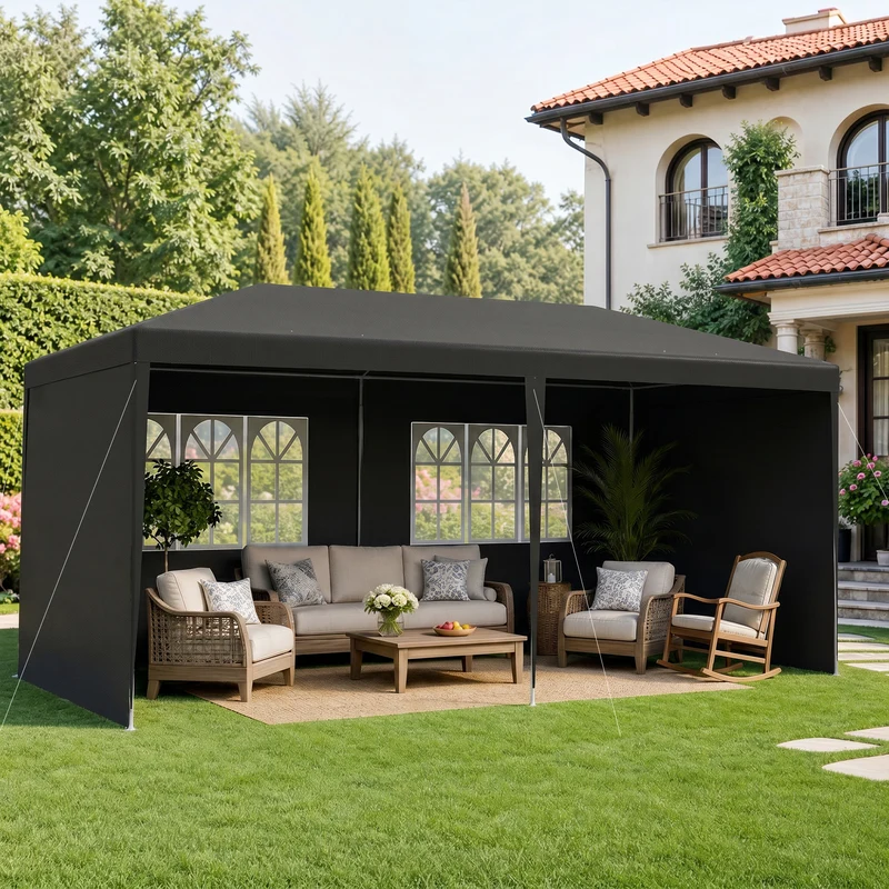 Outsunny Carpa de Jardín 6x3 m Cenador Pabellón de Jardín con 4 Paredes Laterales y 2 Ventanas Visibles, Marco de Acero, Anti-UV, Impermeable, Gazebo para Patio, Exterior, Camping, Gris Oscuro