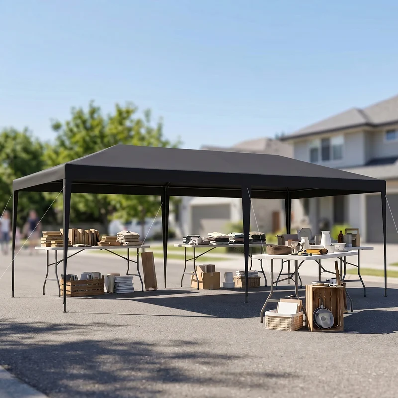 Outsunny Carpa de Jardín 6x3 m Cenador Pabellón de Jardín con 4 Paredes Laterales y 2 Ventanas Visibles, Marco de Acero, Anti-UV, Impermeable, Gazebo para Patio, Exterior, Camping, Gris Oscuro