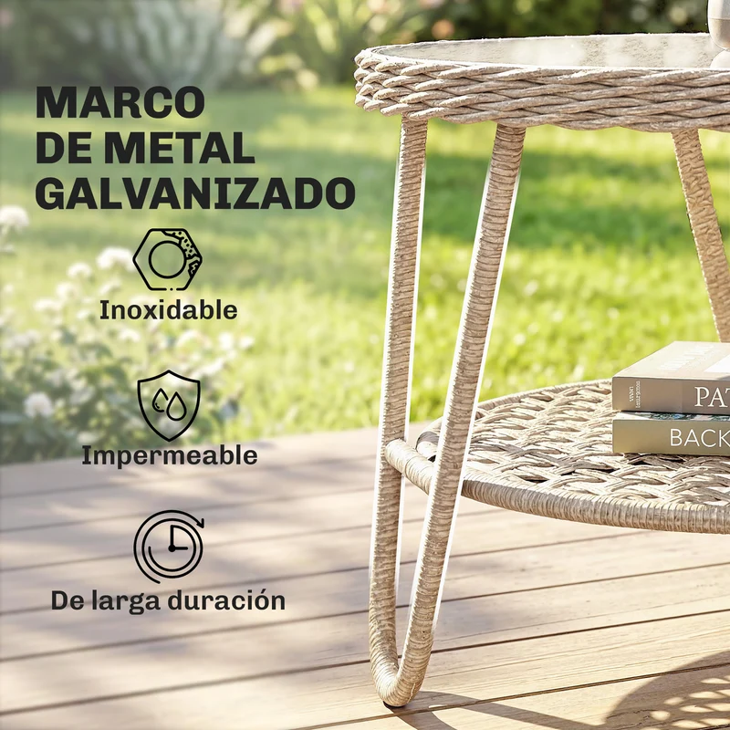 Outsunny Mesa de Jardín Exterior de Ratán, Mesita Auxiliar de Jardín con Estante, Tablero de Vidrio Templado, Estructura de Metal, para Terraza, Patio, Balcón, 65x65x50 cm, Amarillo