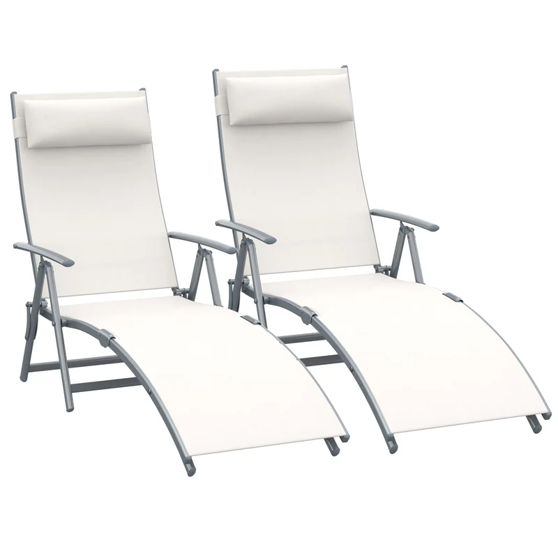Outsunny Set de 2 Tumbonas Plegables de Jardín Exterior con Respaldo Ajustable Almohada y Reposabrazos Carga 165 kg para Piscina Terraza Camping 137x63,5x100,5 cm Beige